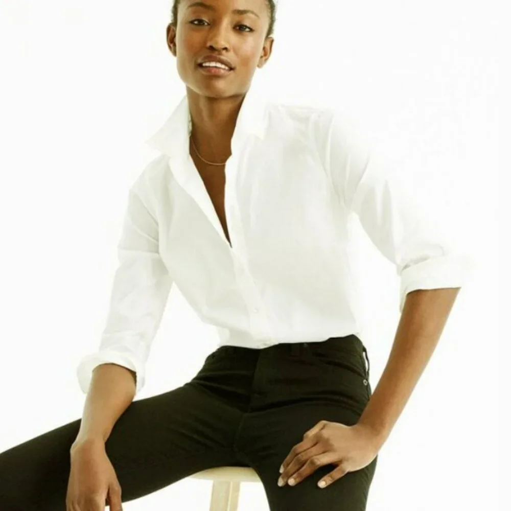 J Crew Stretch Cotton Perfect Fitted Button Front 3/4 Sleeve Blouse/Shirt White